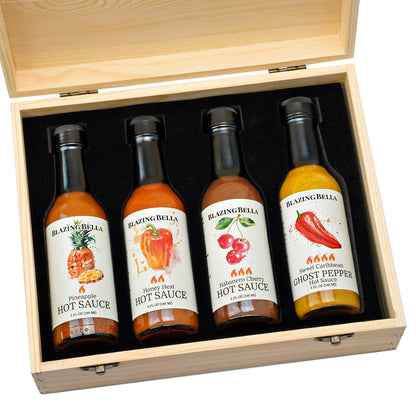 Hot Sauce 4 Bottle Sampler - Wood Box Hot Sauce Gift Box